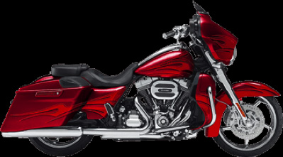 Side profile of a red motorcycle with flame designs